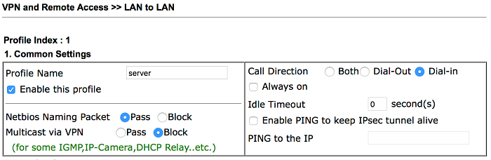 a screenshot of DrayTek VPN dialin settings